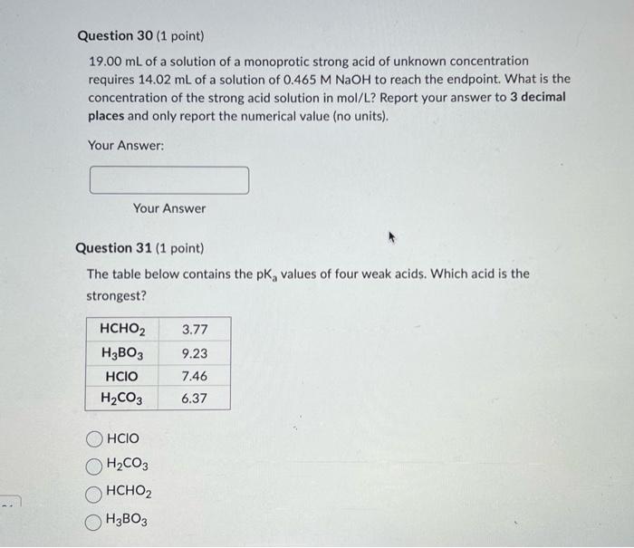 \( 19.00 \mathrm{~mL} \) of a solution of a monoprotic strong acid of unknown concentration requires \( 14.02 \mathrm{~mL} \)