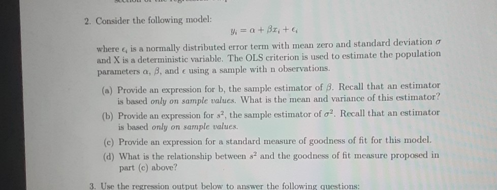 Solved 2. Consider The Following Model: Y = A + Br; +€; | Chegg.com