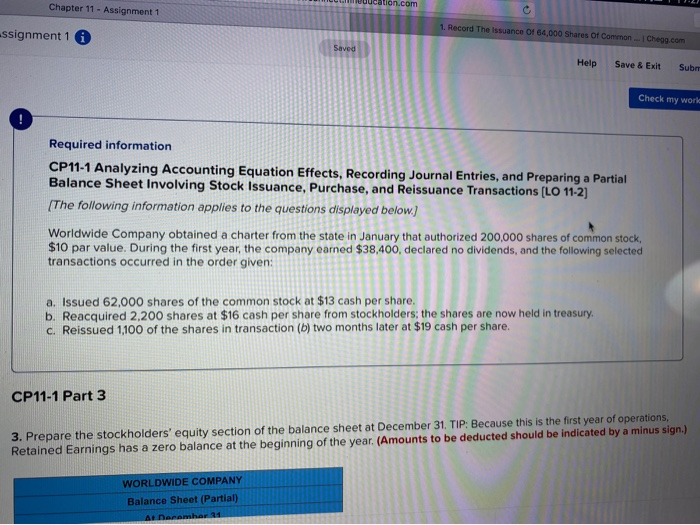 Solved ucation.com Chapter 11 - Assignment 1 1. Record The | Chegg.com