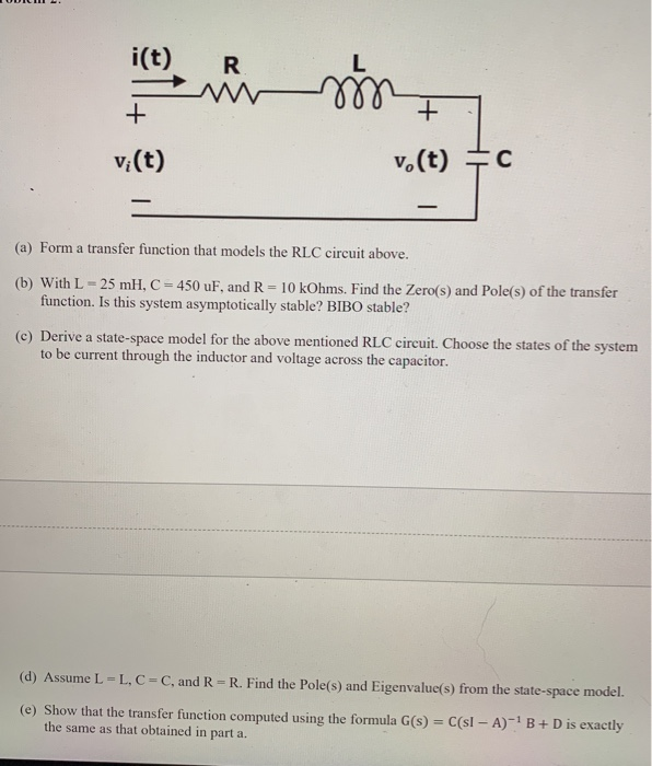 Solved I T Vi T V T A Form A Transfer Function Th Chegg Com