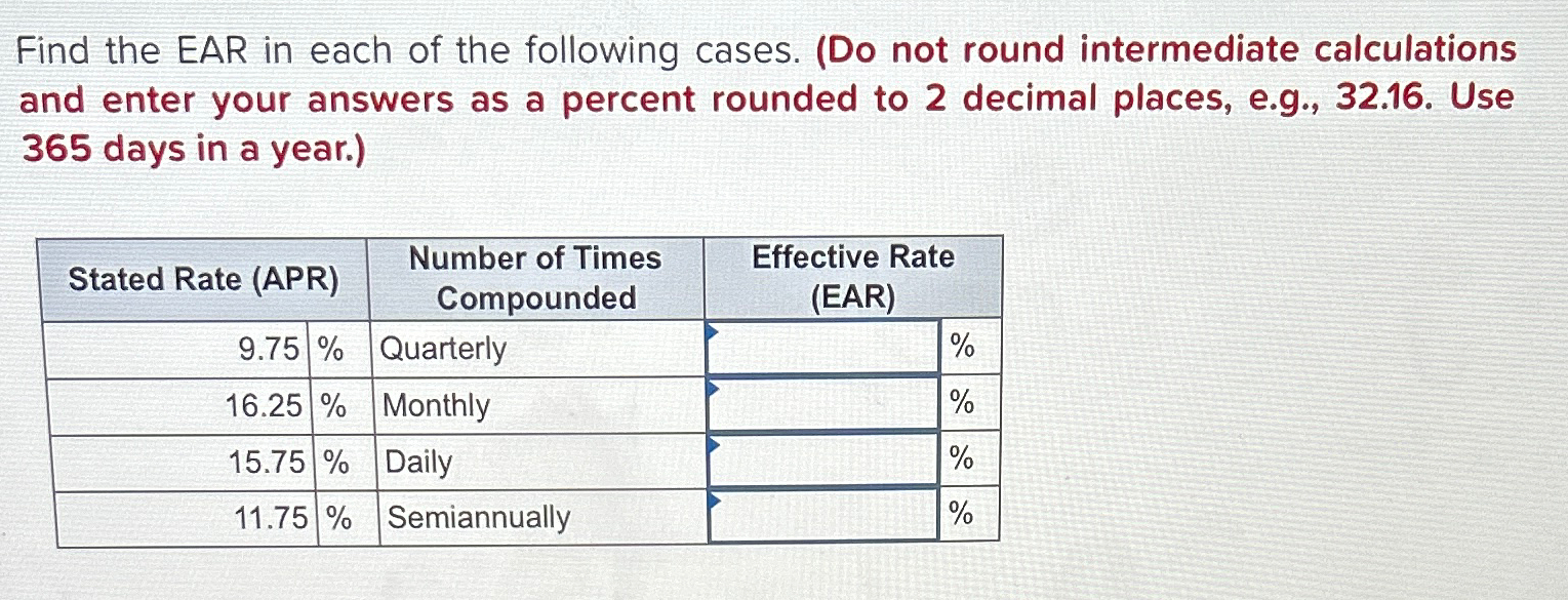 Solved Find the EAR in each of the following cases. (Do not | Chegg.com