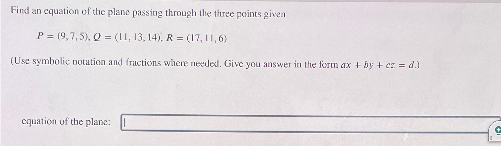Solved Find an equation of the plane passing through the | Chegg.com