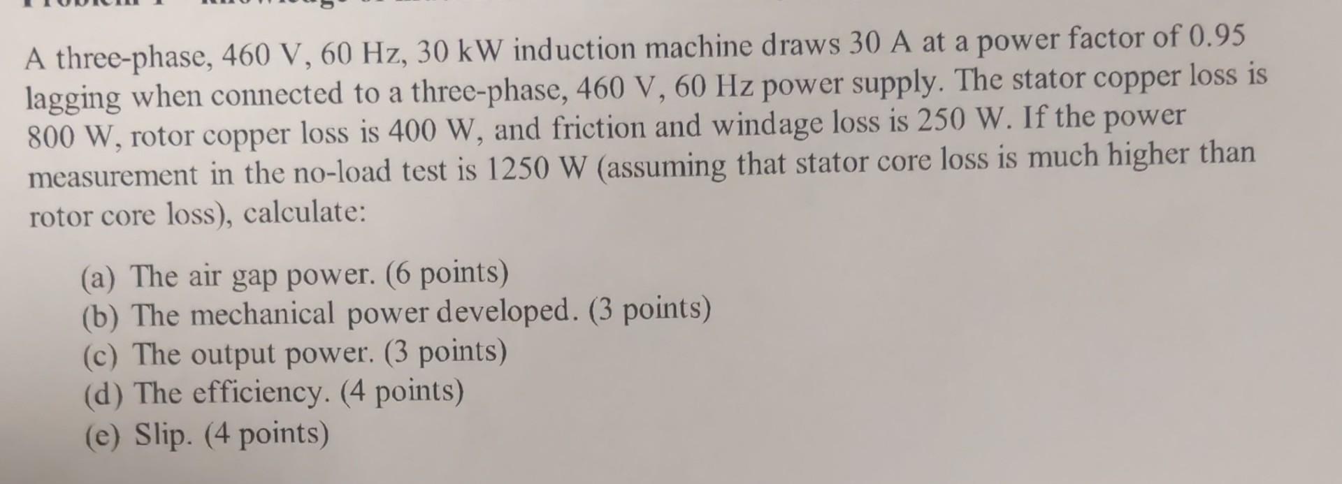 Solved A three-phase, 460 V,60 Hz,30 kW induction machine | Chegg.com