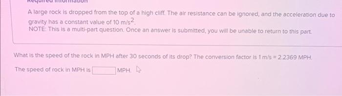 Solved A large rock is dropped from the top of a high cliff. | Chegg.com