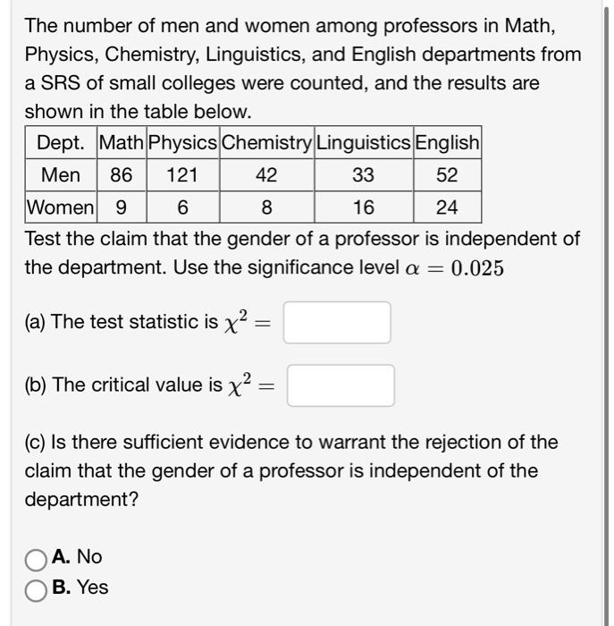 Solved The number of men and women among professors in Math, | Chegg.com