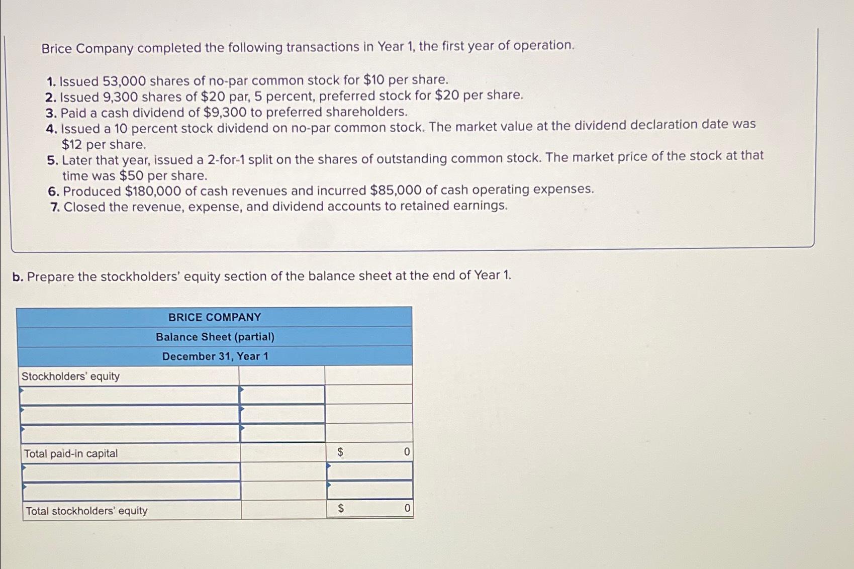 Solved Brice Company completed the following transactions in | Chegg.com
