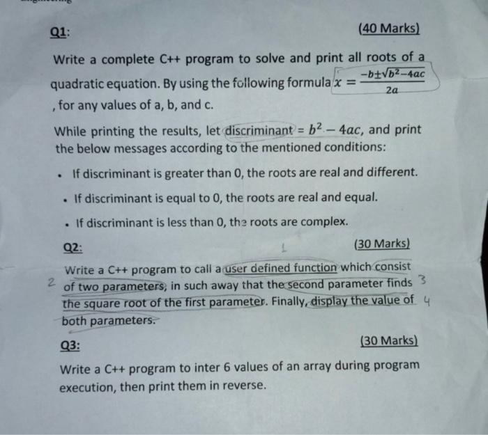 Solved 01: (40 Marks) 2a + Write a complete C++ program to | Chegg.com