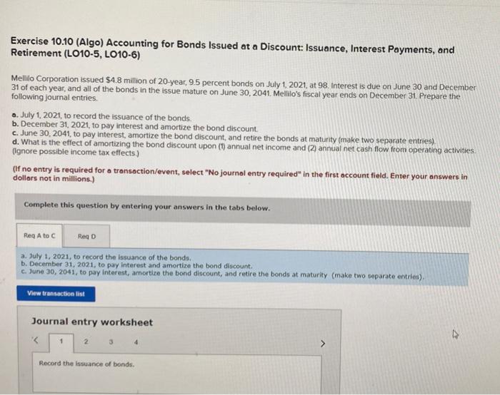 Solved Exercise 10.10 (Algo) Accounting For Bonds Issued At | Chegg.com