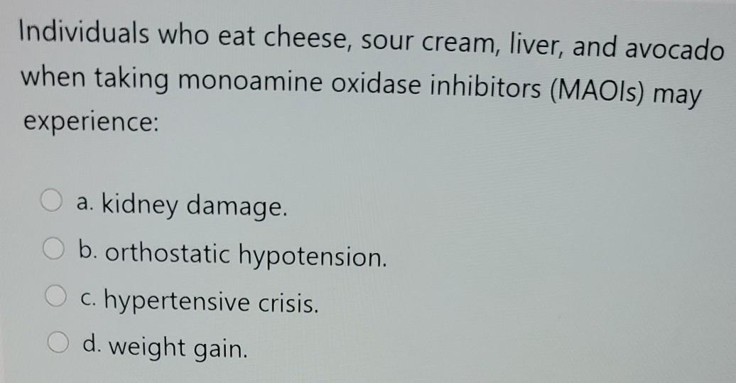 Individuals who eat cheese, sour cream, liver, and avocado when taking monoamine oxidase inhibitors (MAOIs) may experience: O