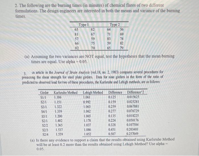Solved 2. The following are the burning times (in minutes)