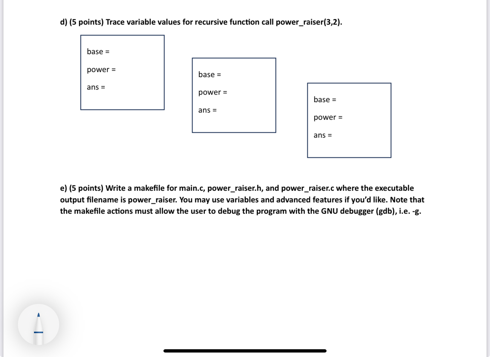 Solved d) ﻿Trace variable values for recursive function call 