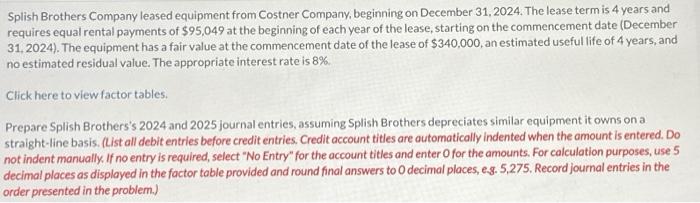 Solved Splish Brothers Company leased equipment from Costner | Chegg.com