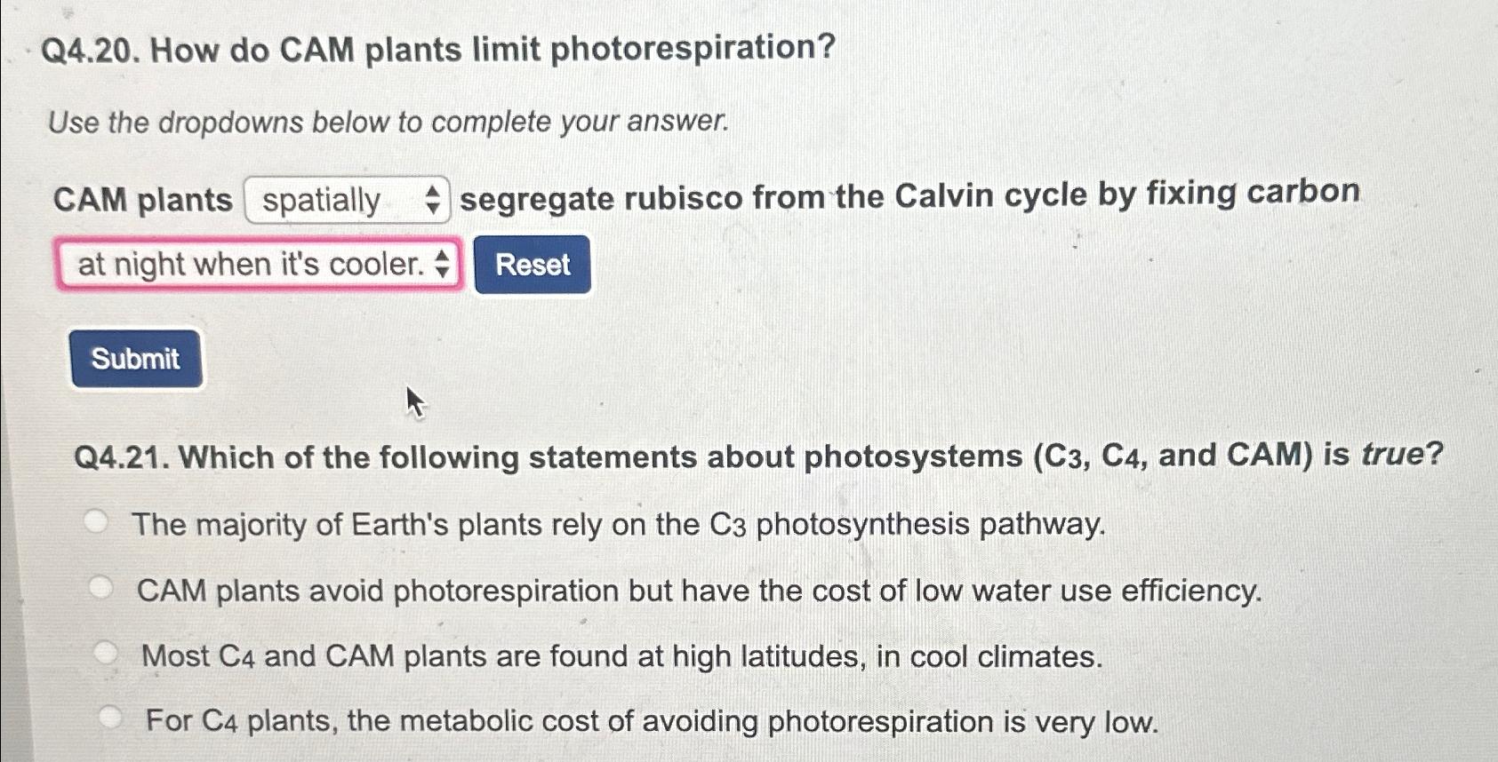 Solved Q4.20. ﻿How do CAM plants limit photorespiration?Use