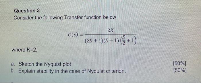 Solved Question 3 Consider the following Transfer function | Chegg.com