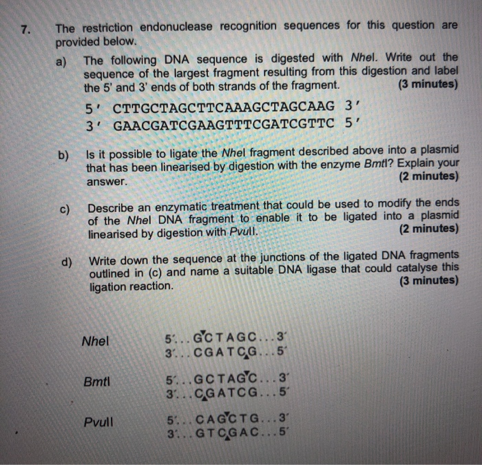 Solved 7. The restriction endonuclease recognition sequences | Chegg.com
