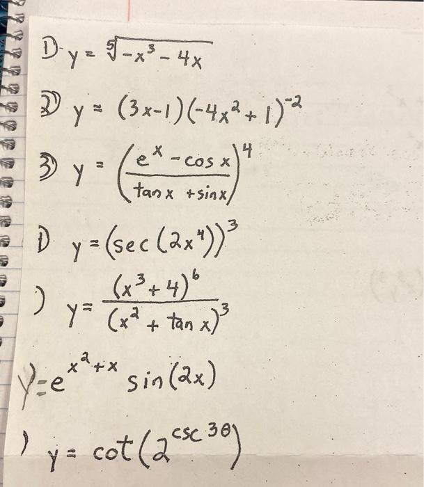 D \( y=\sqrt[5]{-x^{3}-4 x} \) (1) \( y=(3 x-1)\left(-4 x^{2}+1\right)^{-2} \) 3) \( y=\left(\frac{e^{x}-\cos x}{\tan x+\sin