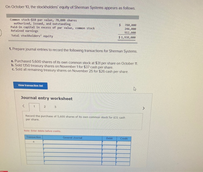 Solved On October The Stockholders Equity Of Sherman Chegg Com