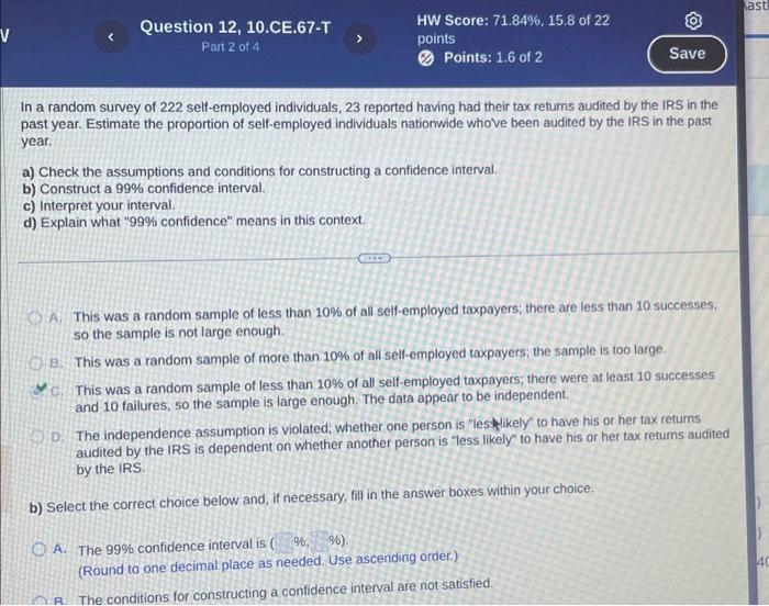 Solved In A Random Survey Of 222 Self-employed Individuals, | Chegg.com