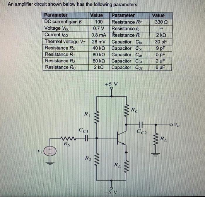 Solved An amplifier circuit shown below has the following | Chegg.com