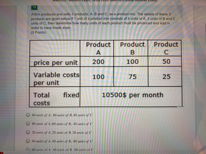 Solved 19 A Firm Produces And Sells 3 Products; A, B And C, | Chegg.com