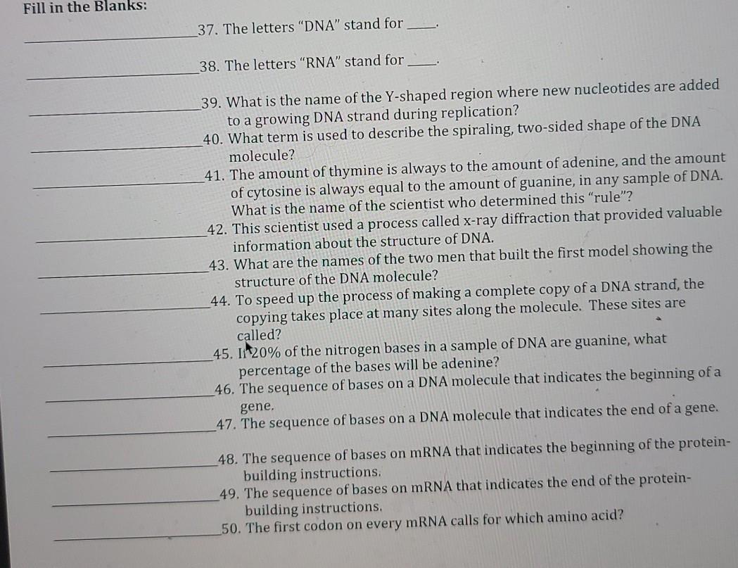 Solved Fill in the Blanks 37. The letters "DNA" stand for