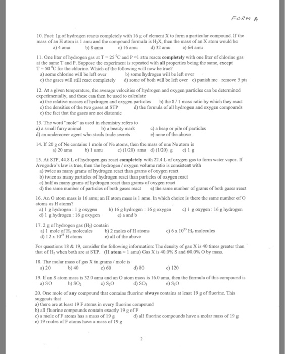 Solved FORM A 10. Fact: 1g of hydrogen reacts completely | Chegg.com