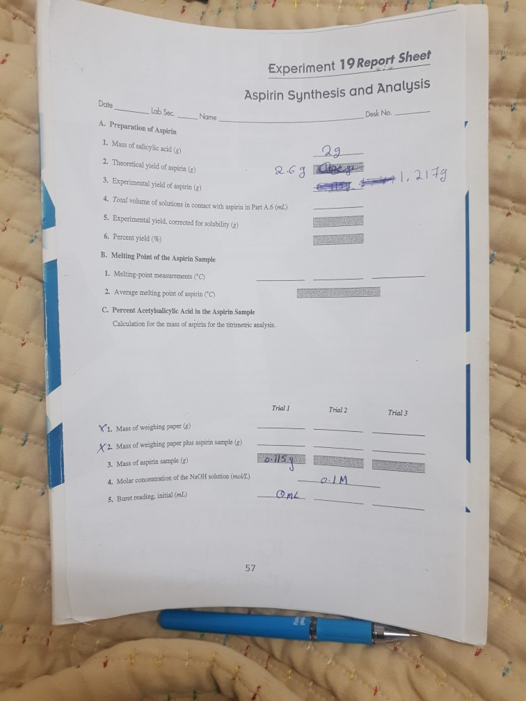 Experiment 19 Report Sheet Aspirin Synthesis And Chegg 