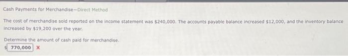 Solved Cash Payments for Merchandise-Direct Method The cost | Chegg.com