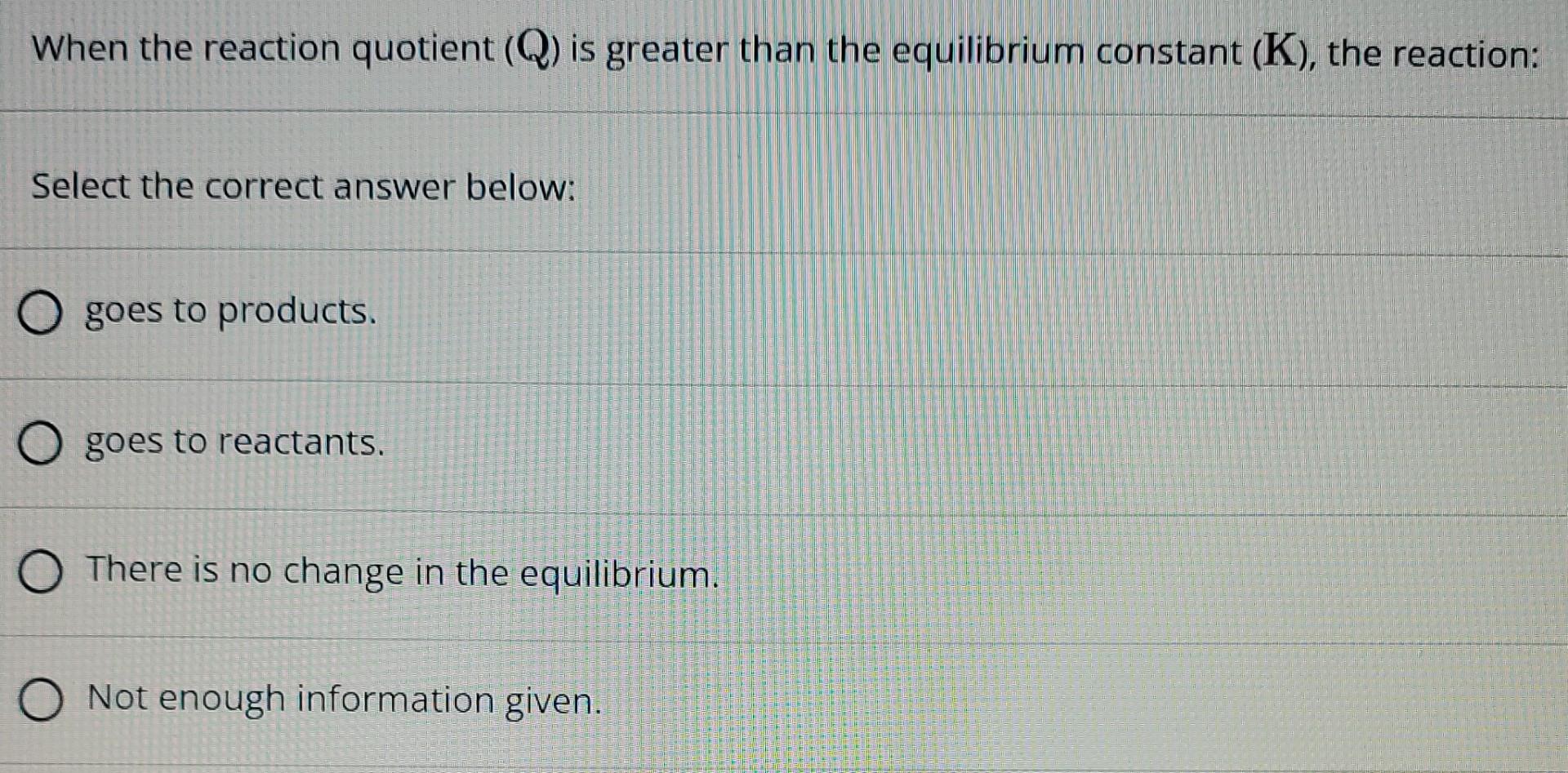 Solved When the reaction quotient (Q) is greater than the | Chegg.com