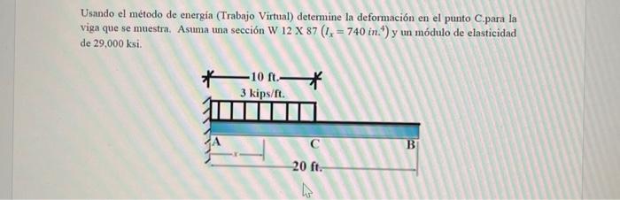 Usando el método de energia (Trabajo Virtual) determine la deformación en el punto C.para la viga que se muestrn. Asuma una s