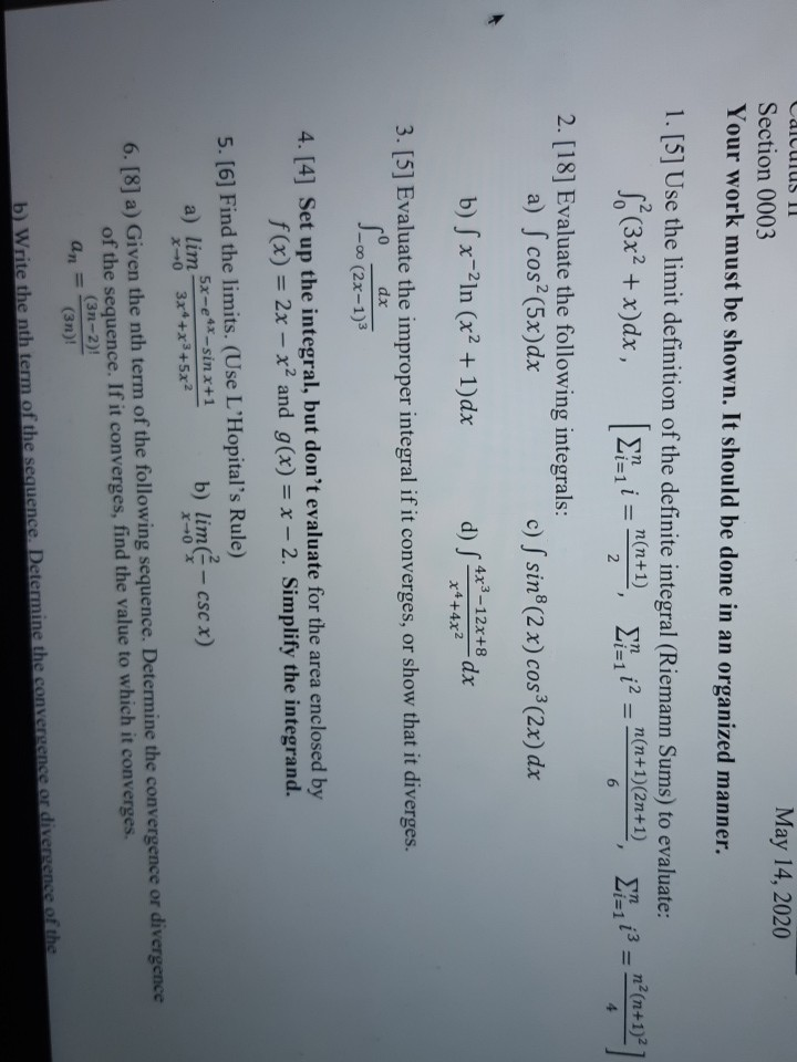 Solved Calculus Ii May 14 Section 0003 Your Work Mu Chegg Com