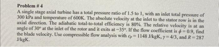 Solved Problem \# 4 A single stage axial turbine has a total | Chegg.com