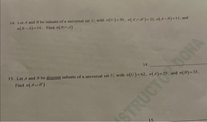 Solved 14. Let A And B Be Subsets Of A Universal Set U With | Chegg.com