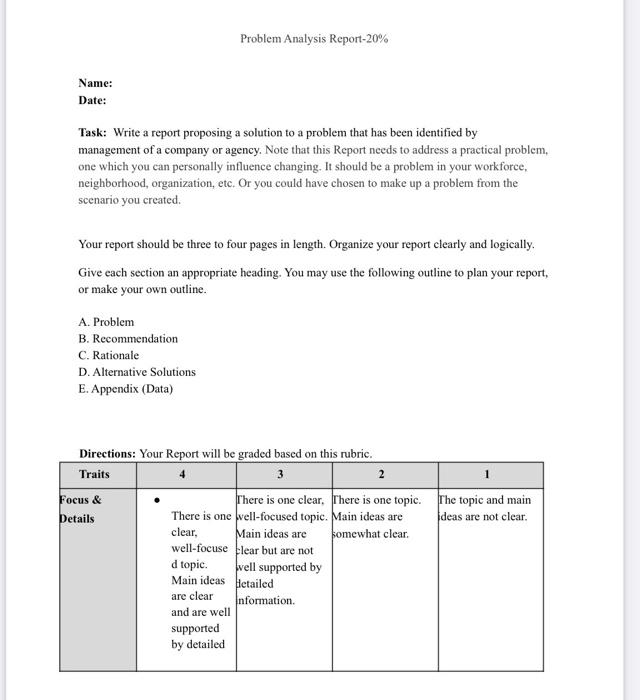 Problem Analysis Report-20% Name: Date: Task: Write a | Chegg.com
