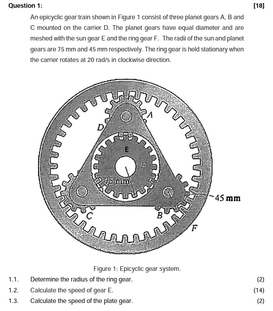 Solved [18] Question 1: An Epicyclic Gear Train Shown In | Chegg.com