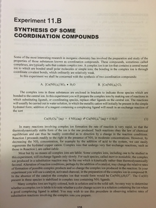 Solved Experiment 11.B SYNTHESIS OF SOME COORDINATION | Chegg.com