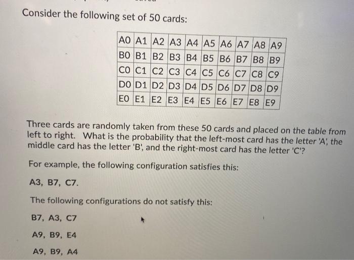 Solved Consider the following set of 50 cards: AO A1 A2 A3 | Chegg.com 