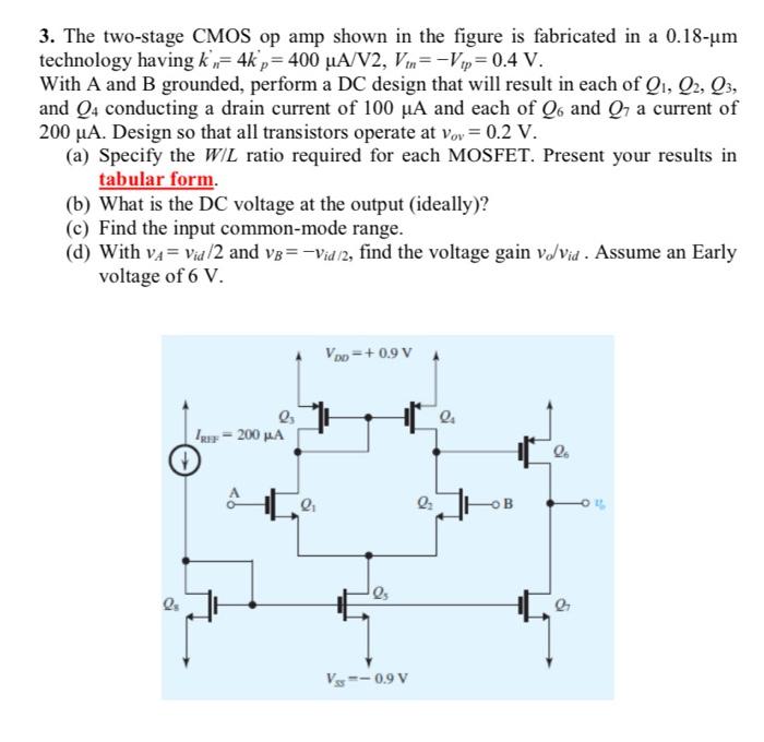 Solved 3. The Two-stage CMOS Op Amp Shown In The Figure Is | Chegg.com