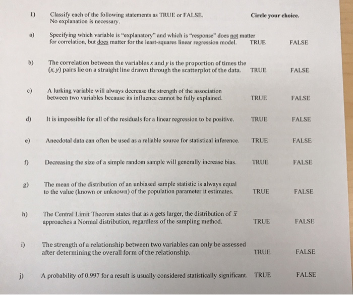 Solved Classify each of the following statements as TRUE or | Chegg.com
