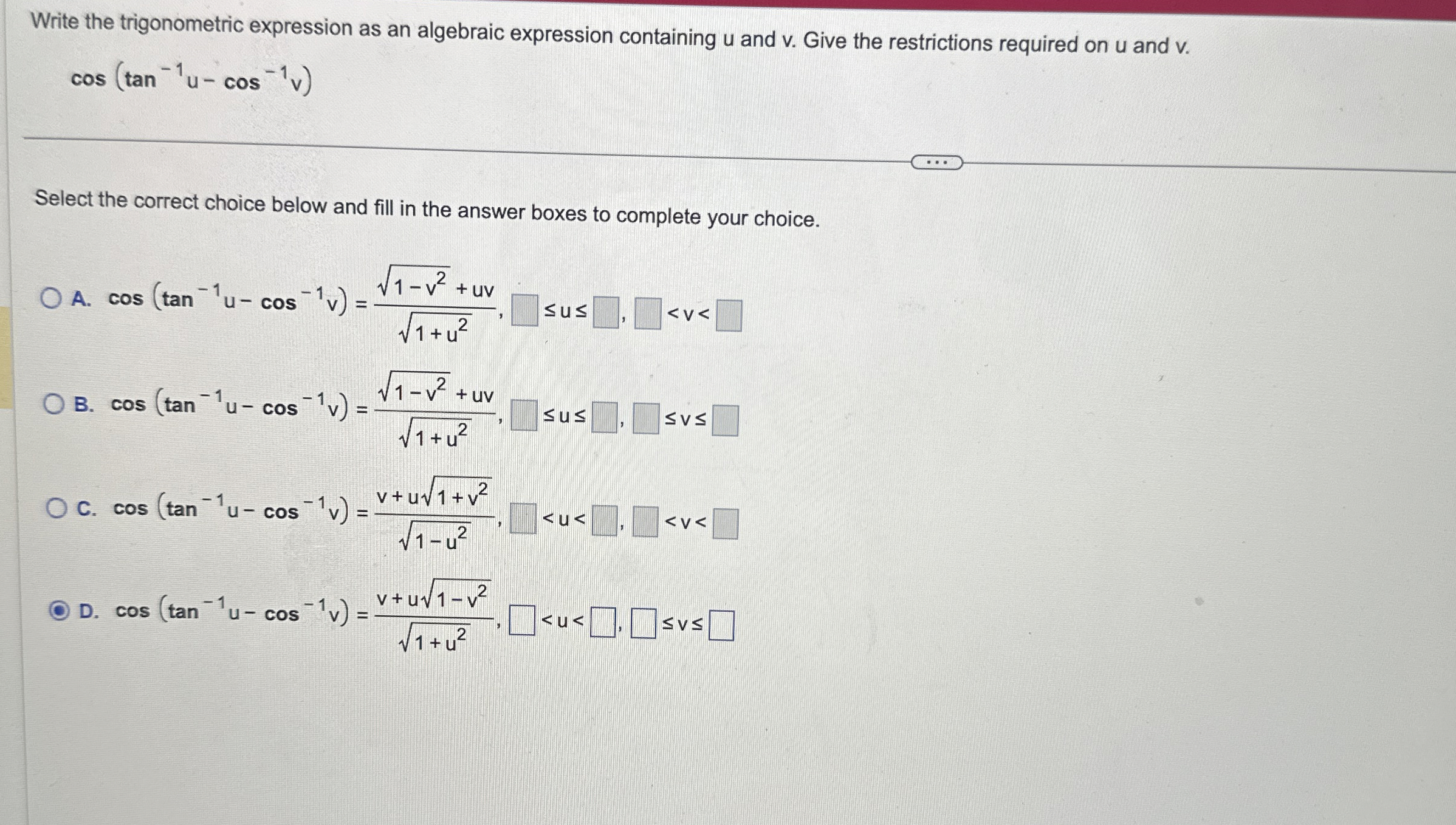 Solved Write the trigonometric expression as an algebraic | Chegg.com