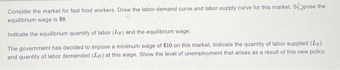 Consider the market for fast food workers. Draw the labor-demand curve and labor-supply curve for this market. Supose the
equ