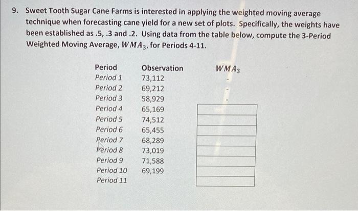 Sweet Tooth Sugar Cane Farms is interested in applying the weighted moving average technique when forecasting cane yield for 