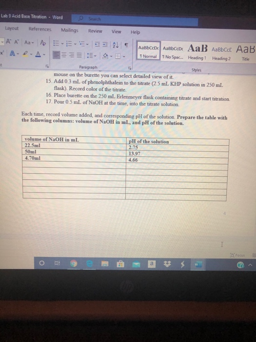 Lab 9 Acid Base Titration Word Layout References