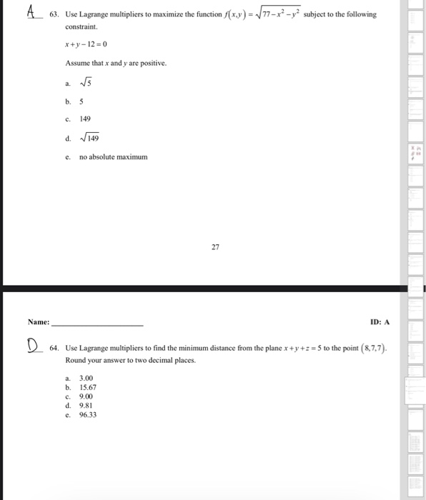 Solved A 63. Use Lagrange multipliers to maximize the | Chegg.com