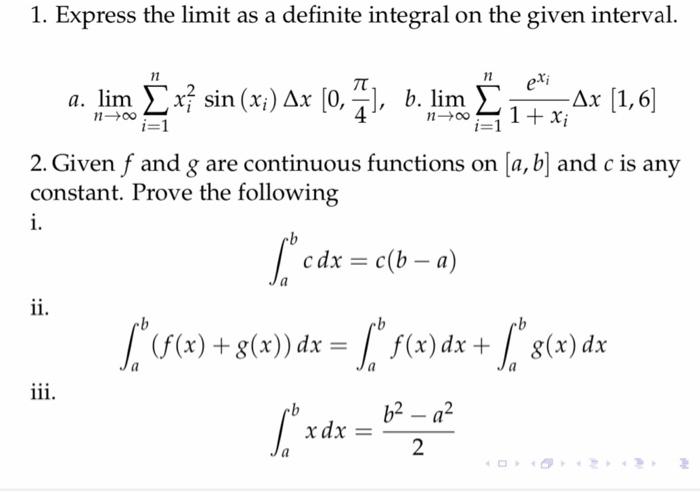 Solved 1. Express the limit as a definite integral on the | Chegg.com