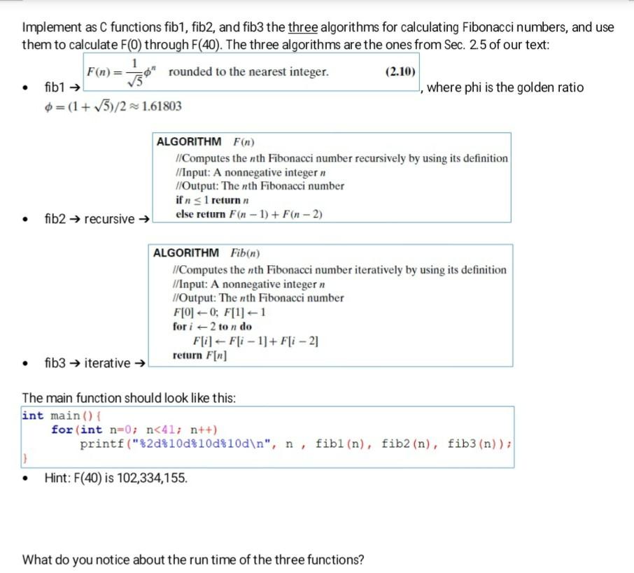 Solved Implement as C functions fib1, fib2, and fib3 the | Chegg.com