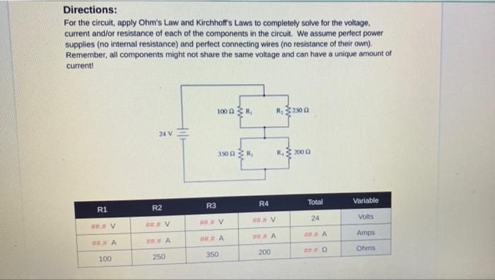 Solved Directions: For the circuit, apply Ohm's Law and | Chegg.com