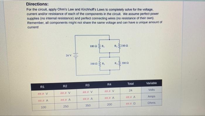 Solved Directions: For The Circuit, Apply Ohm's Law And | Chegg.com