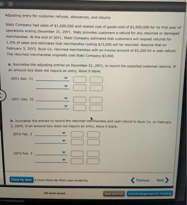 Solved Adjusting entry for customer refunds, allowances, and