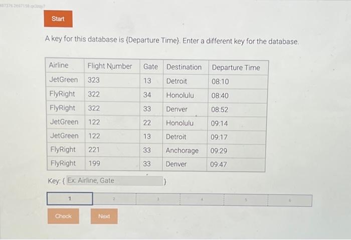 Solved A key for this database is (Departure Time). Enter a | Chegg.com